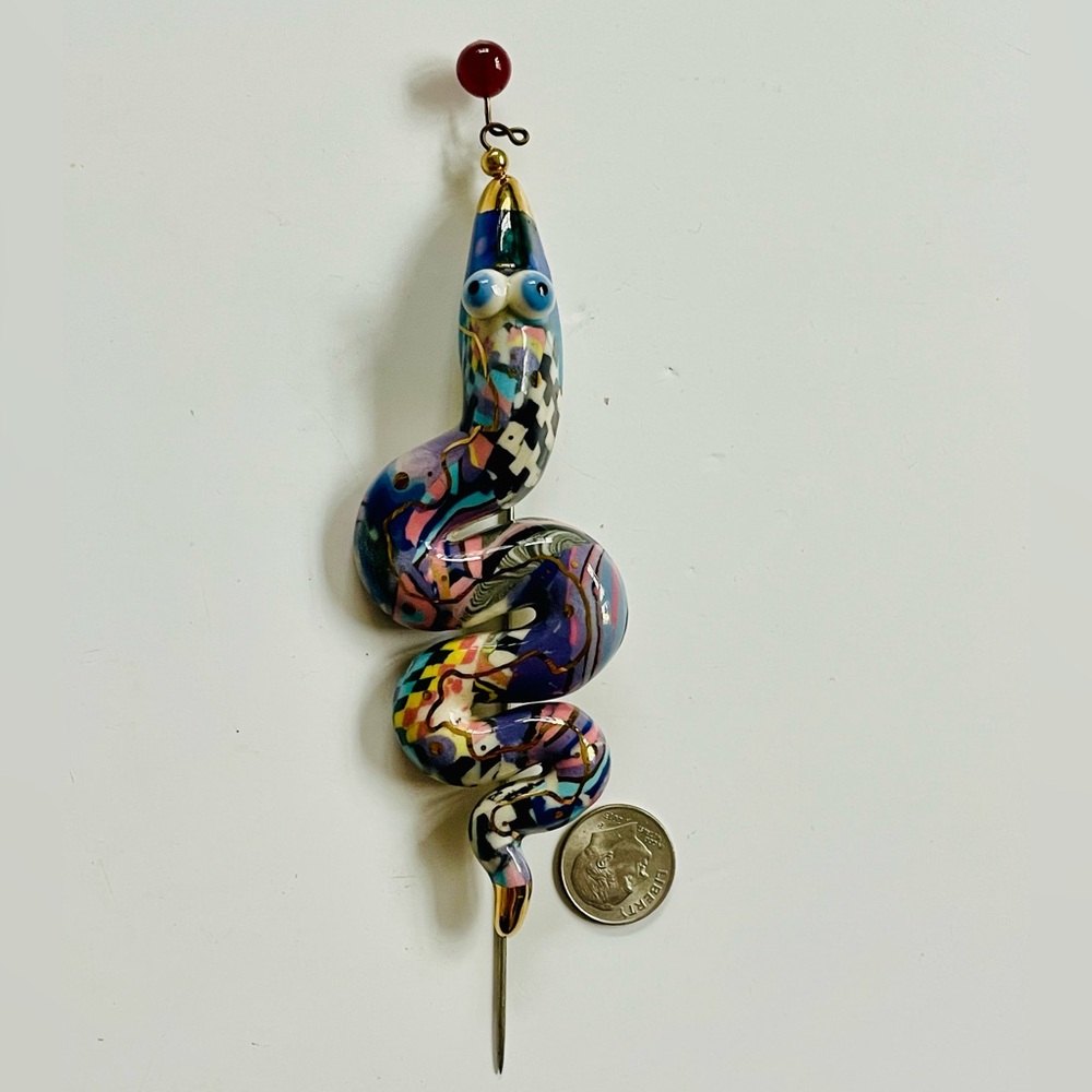 VTG Cynthia Chuang Porcelain Snake Stick Pin Brooch Signed Jewelry 10